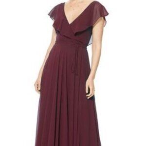 #Levkoff Ruffle V-Neck Wrap Gown in Wine